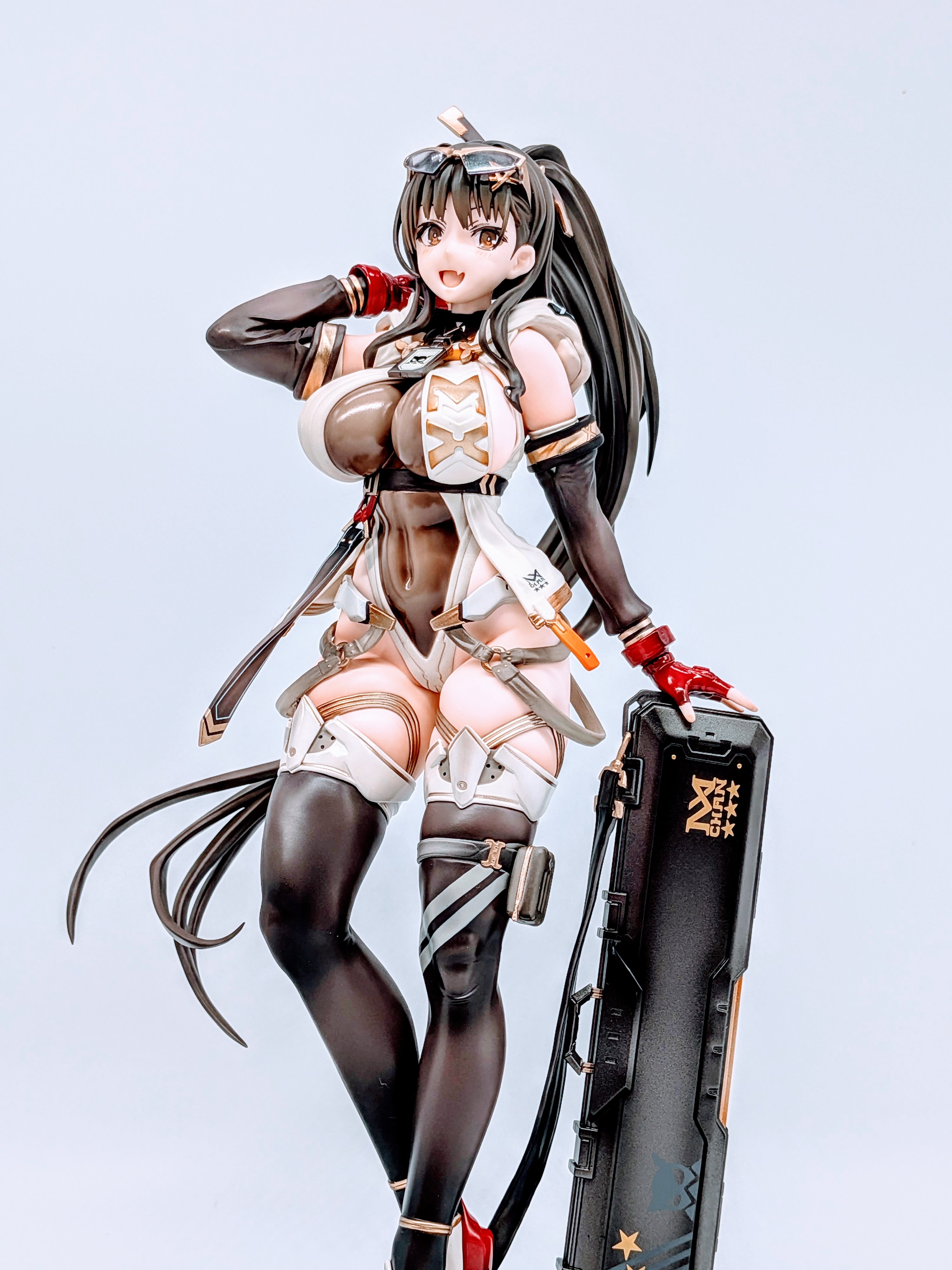 Front close-up of MX-chan midsection and thighs in black stockings