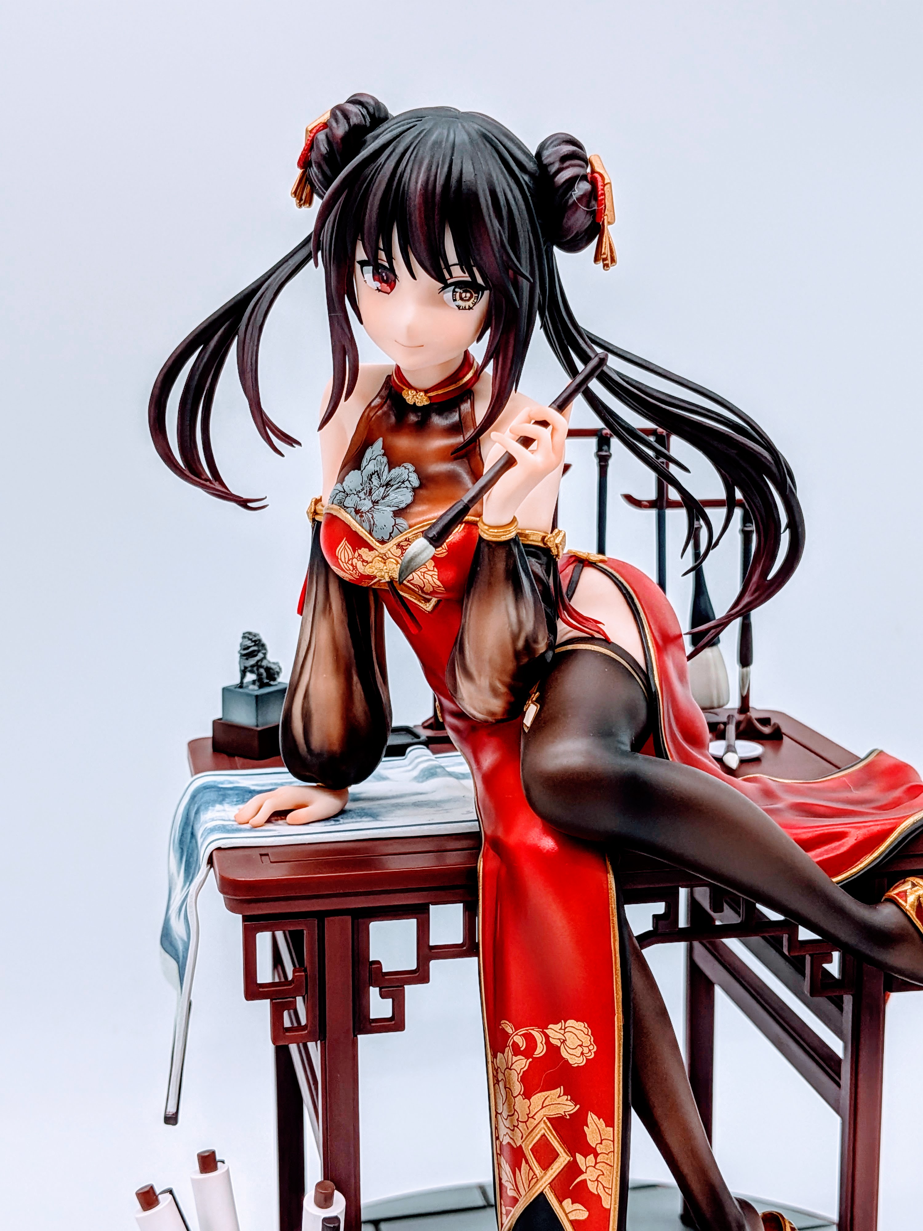 Bust-up close-up of Kurumi Tokisaki showing large chest and tight red Chinese dress