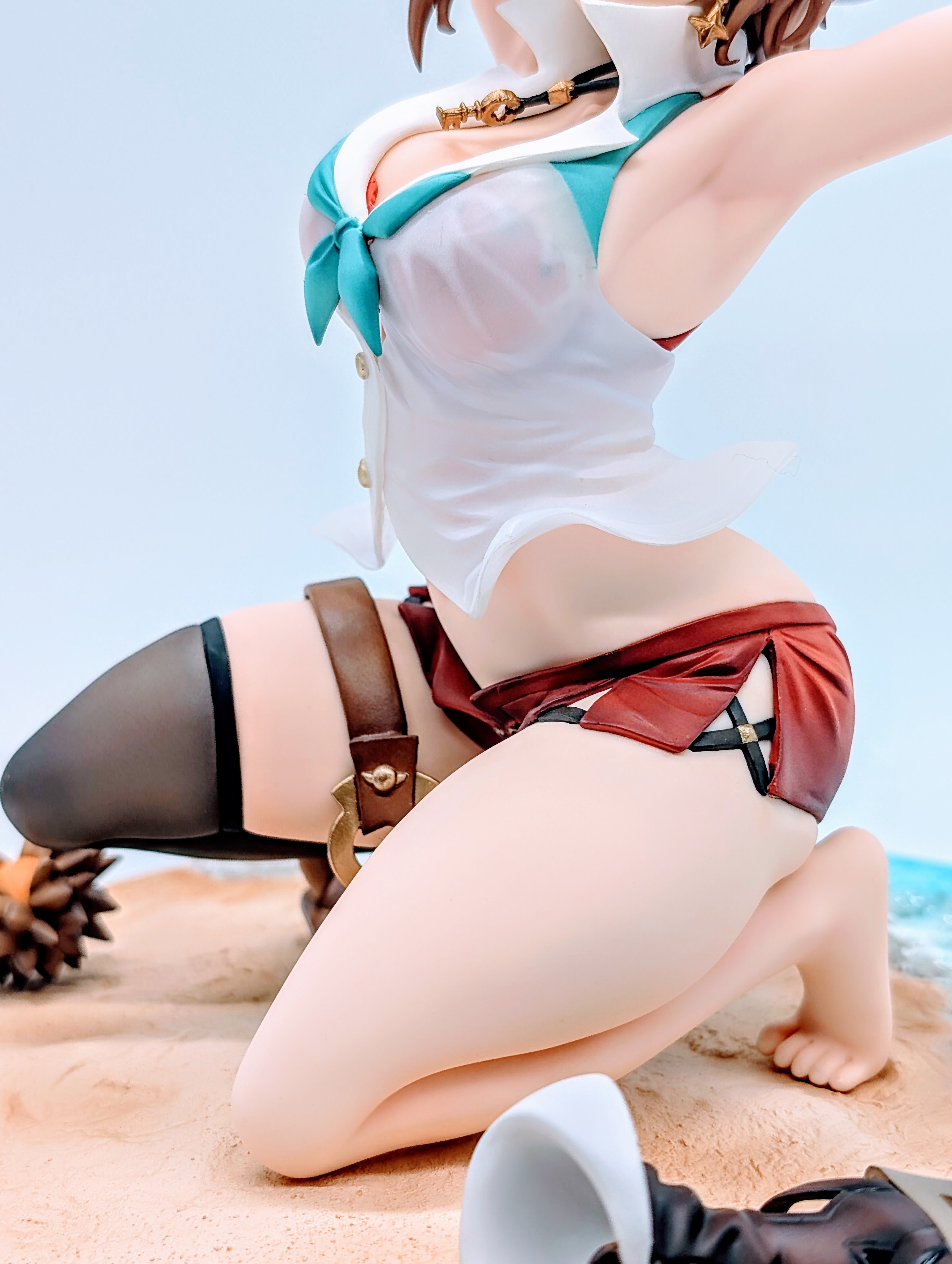 Side bust profile close-up of Ryza showing chest volume and wet shirt