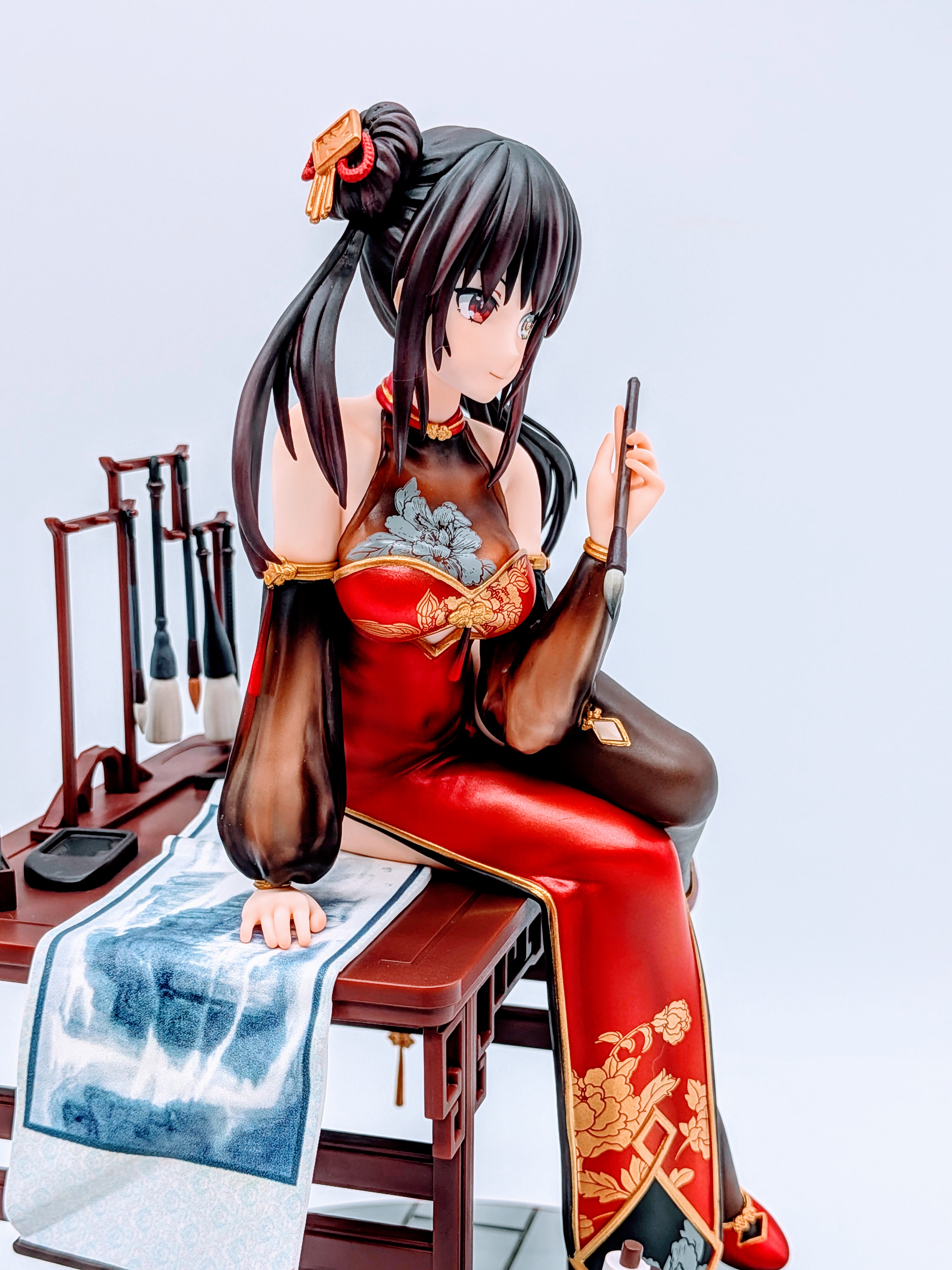 Side close-up of Kurumi Tokisaki midsection and calligraphy scroll on the desk