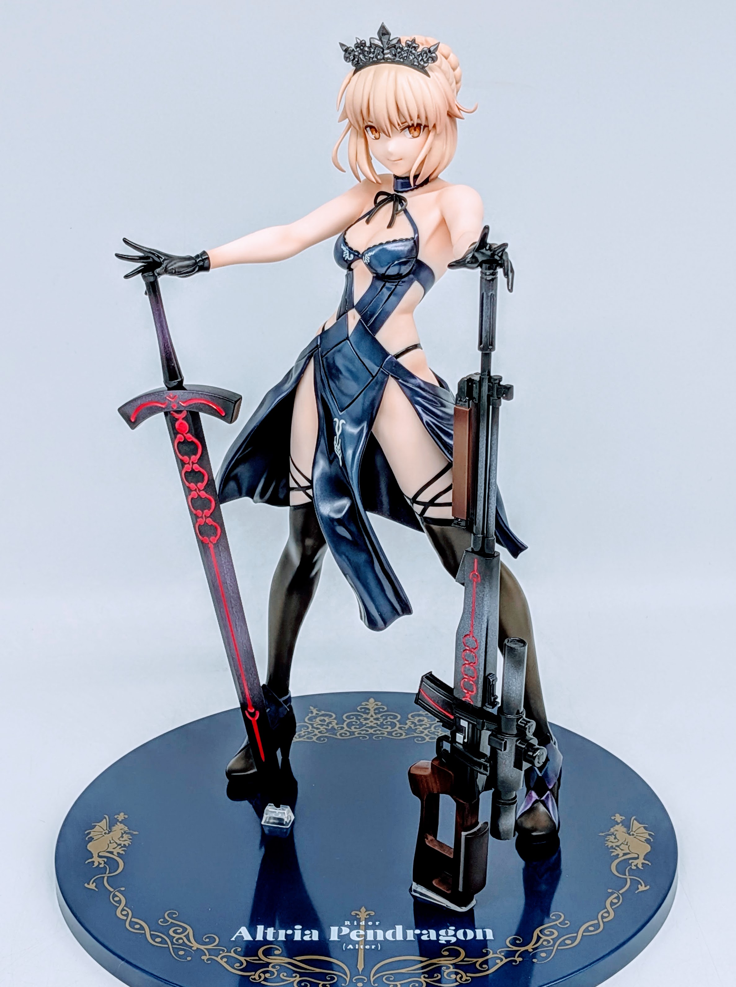 Full-body front shot of Rider Altria Pendragon Alter figure focusing on legs and weapons