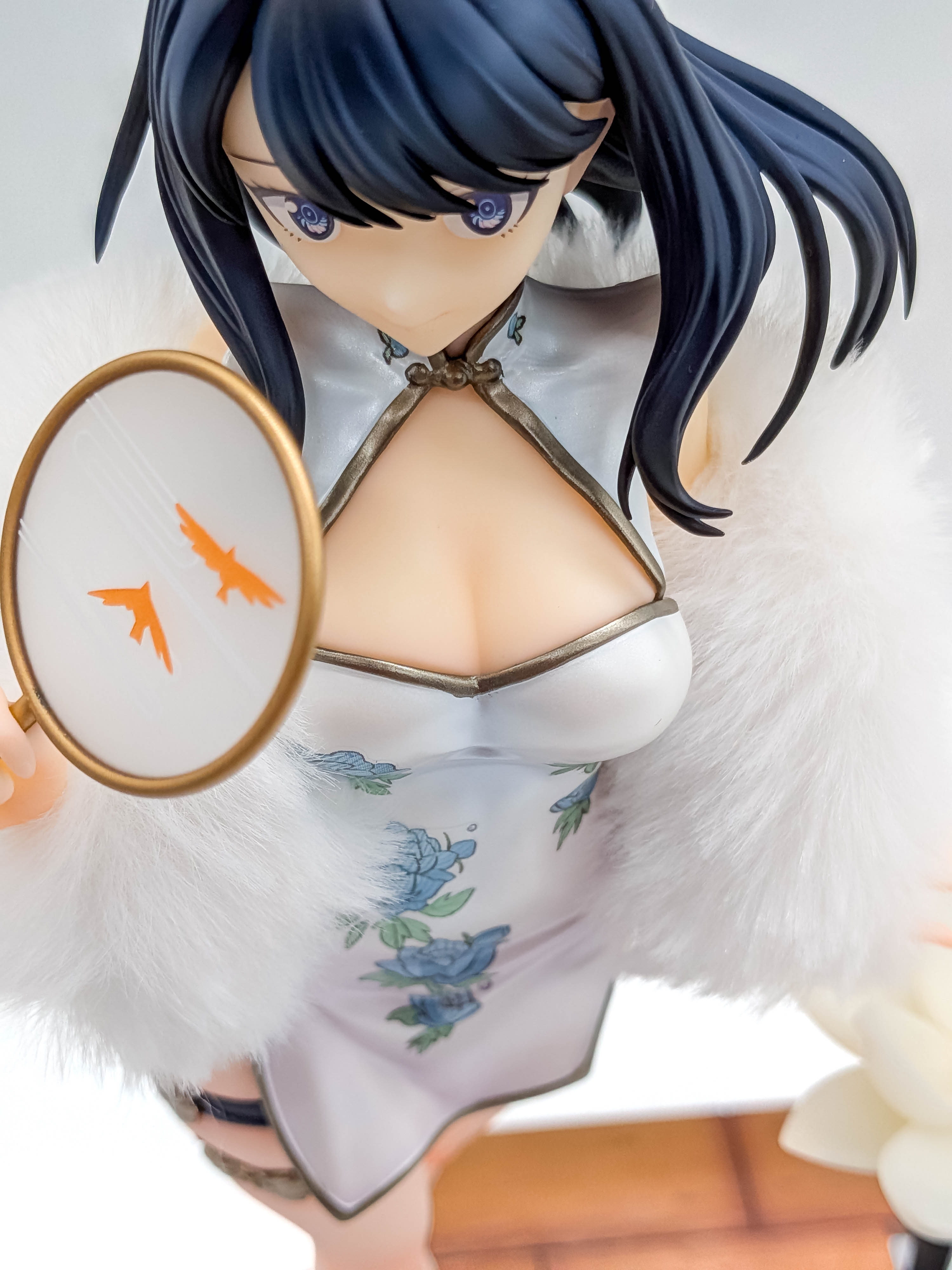 Rikka Takarada figure fan neckline fur and floral dress detail
